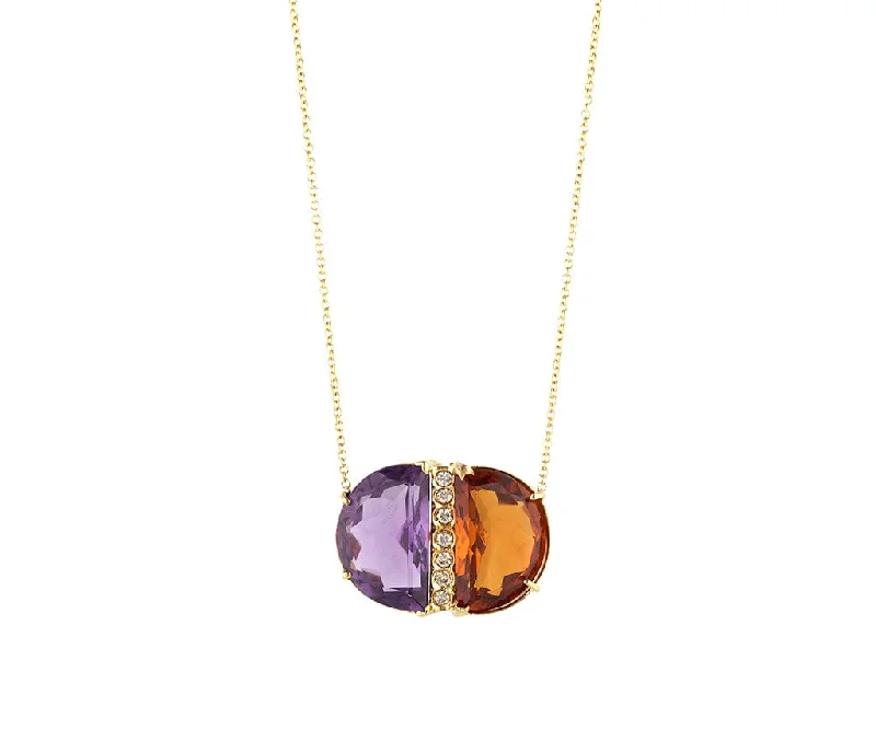 Neutral tone necklaces -Half Moon Shaped Amethyst Citrine and 0.28ctw Diamond Pendant Necklace 14K &18K