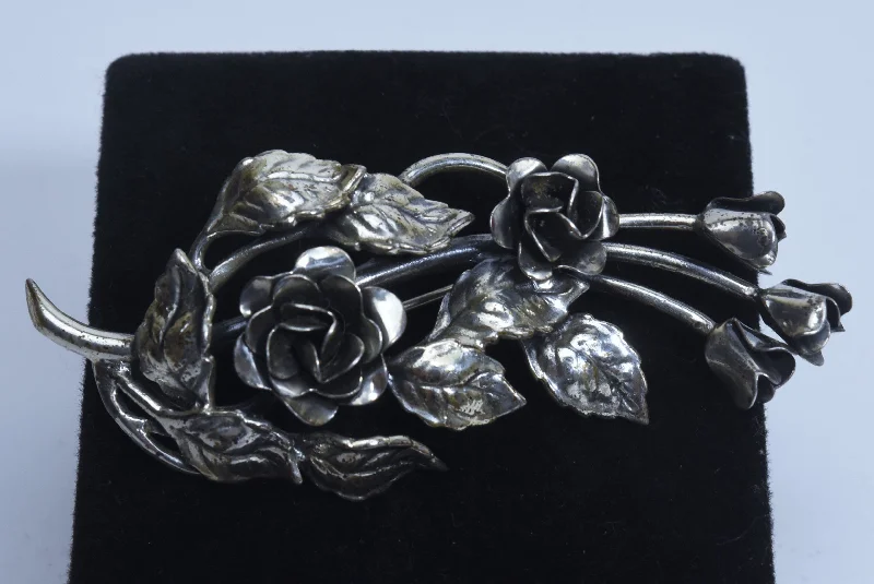 minimalist wave brooch for women -Danecraft - Vintage Sterling Silver Rose Bouquet Brooch