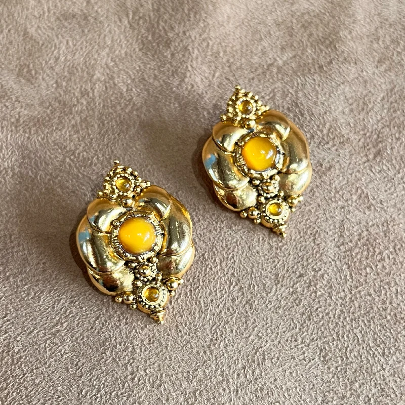 ladies silver earrings emerald stones -Abbey Road Gold, Yellow Glass Statement Clip On Earrings