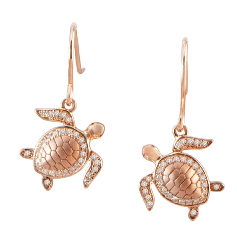 fringe earrings for women boho -Sterling Silver Rose Gold Pave CZ Turtle Dangle Earrings