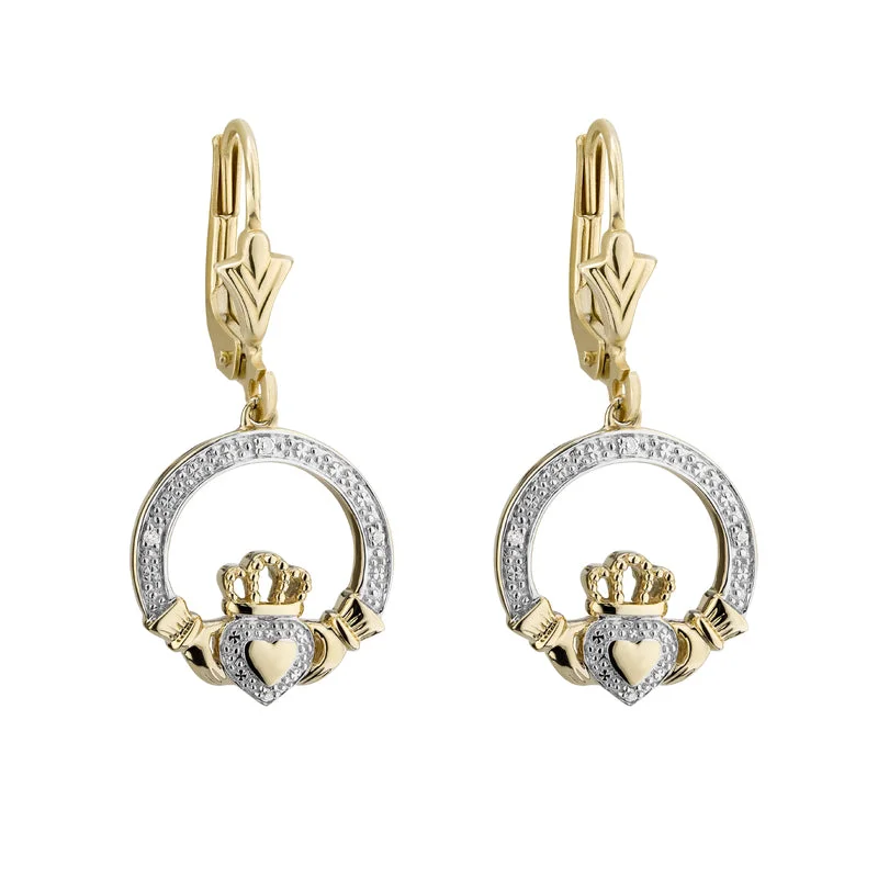 gold filigree earrings for women -Gold Diamond Claddagh Drop Earrings