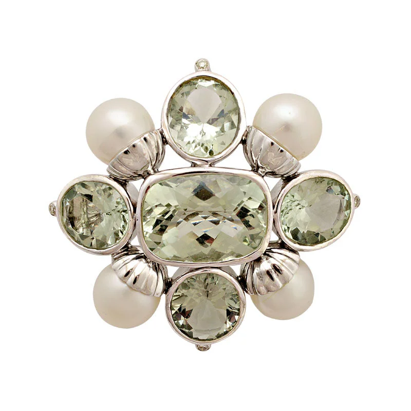 ladies silver brooch hematite stones -Brooch-Green Quartz, South Sea Pearl and Diamond