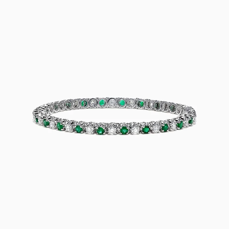 Ladies budget-friendly bracelets -Brasilica 14K White Gold Emerald and Diamond Tennis Bracelet, 4.78 TCW