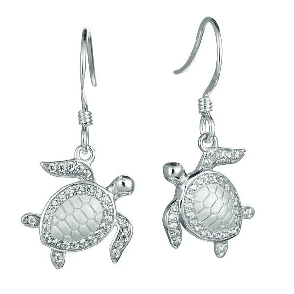 ladies earrings chevron patterns -Sterling Silver Alamea Pave CZ Sea Turtle Dangle Earrings