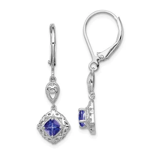 ladies gold earrings dog motifs -Sterling Silver Genuine Tanzanite & Diamond Filigree Lever Back Earrings