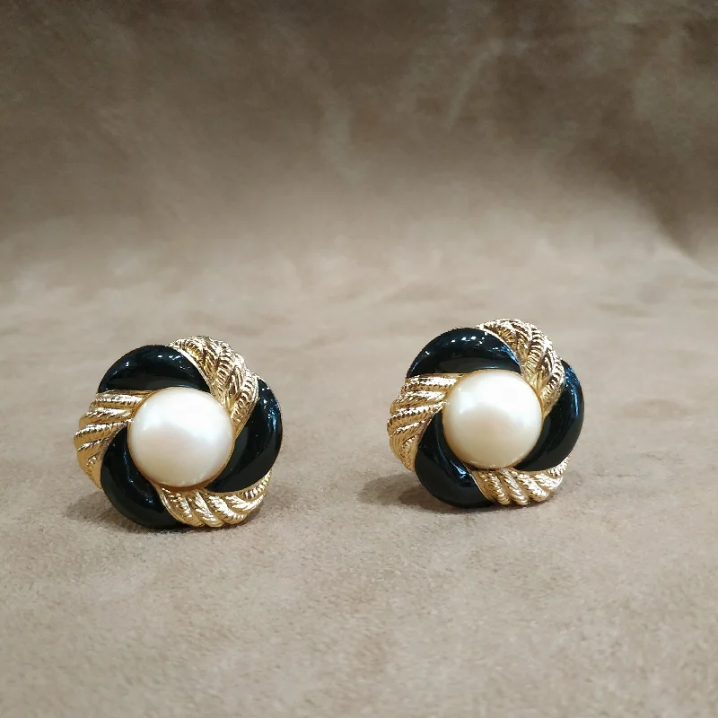 ladies gem earrings dream themes -Vintage black enamel pearl Earrings