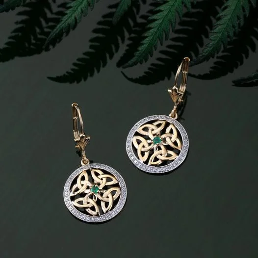 ladies formal earrings evening wear -14K Gold Emerald Trinity Drop Earrings