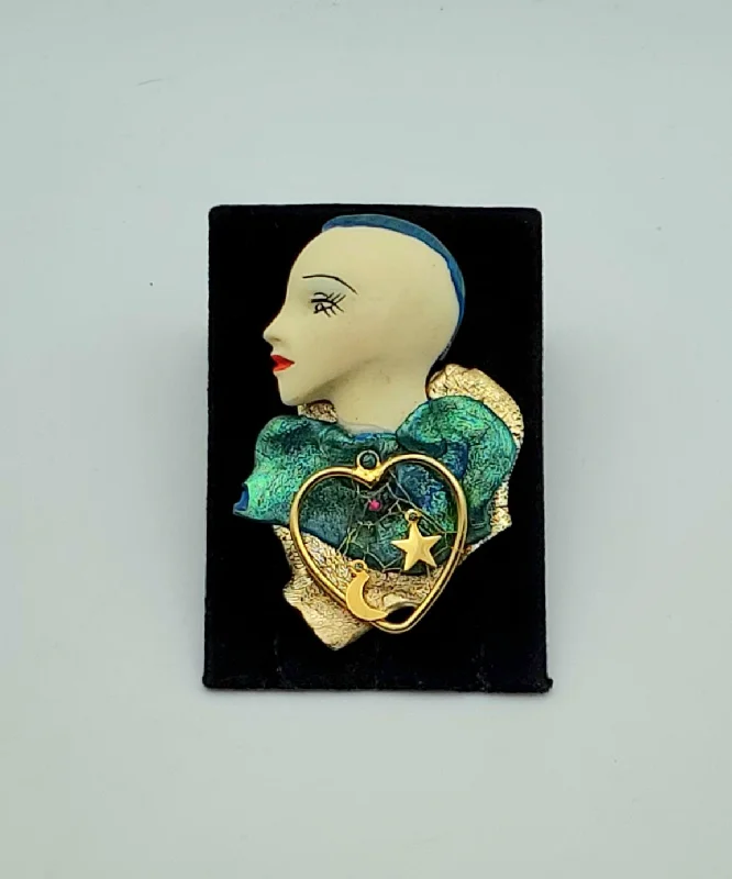 oxidized gold brooch for women -Vintage Handmade Female Profile Brooch