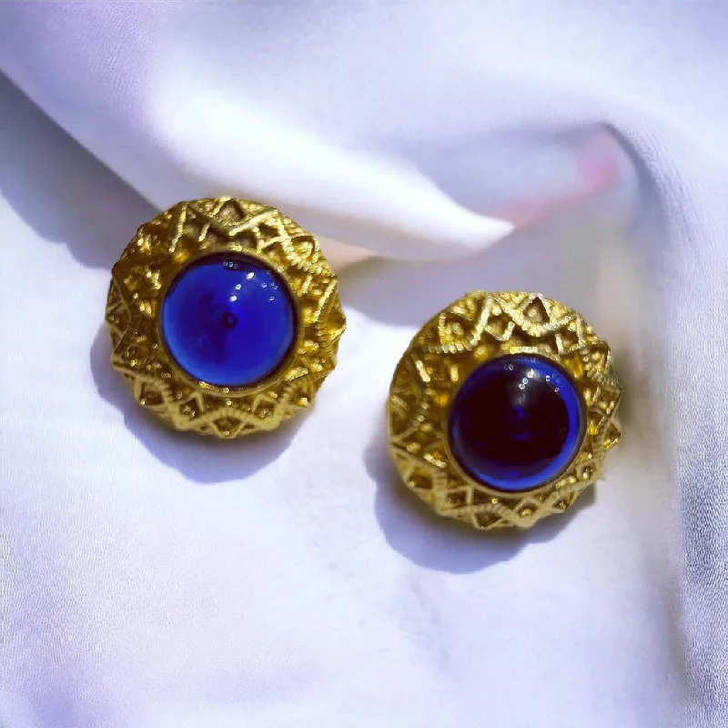 ladies gold earrings cat motifs -Vintage Chanel blue Gripoix glass 1970s earrings