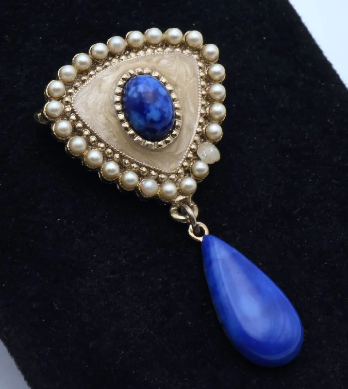 hammered texture brooch for women -Vintage Gold Tone Faux Pearl and Imitation Blue Stone Brooch