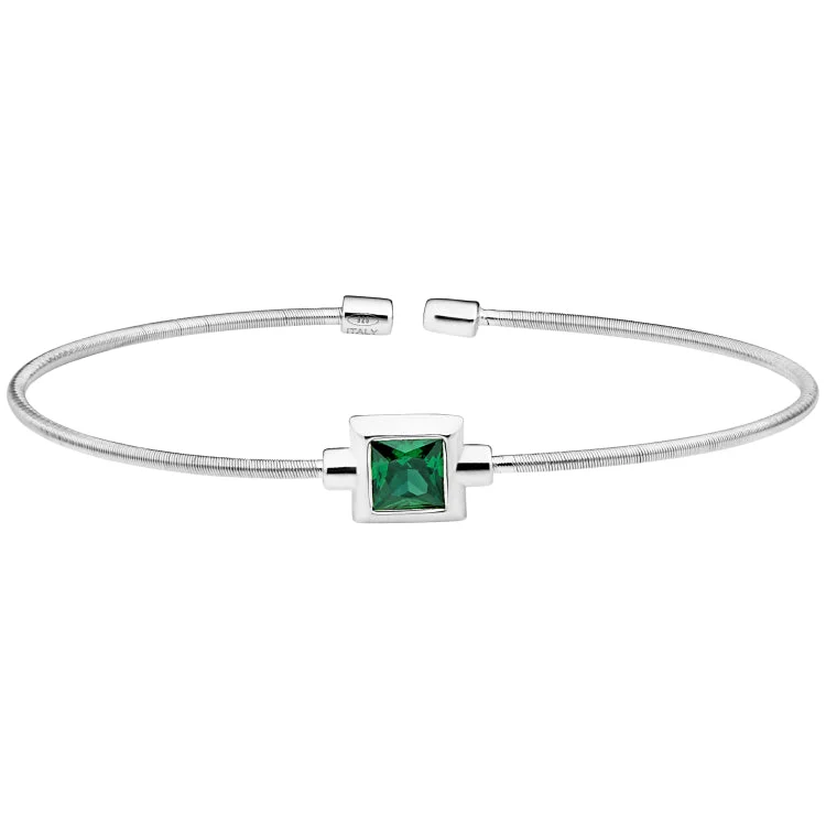 Ladies heritage gleam bracelets -Rhodium Finish Sterling Silver Cable Cuff Bracelet with Princess Cut Simulated Emerald Birth Gem