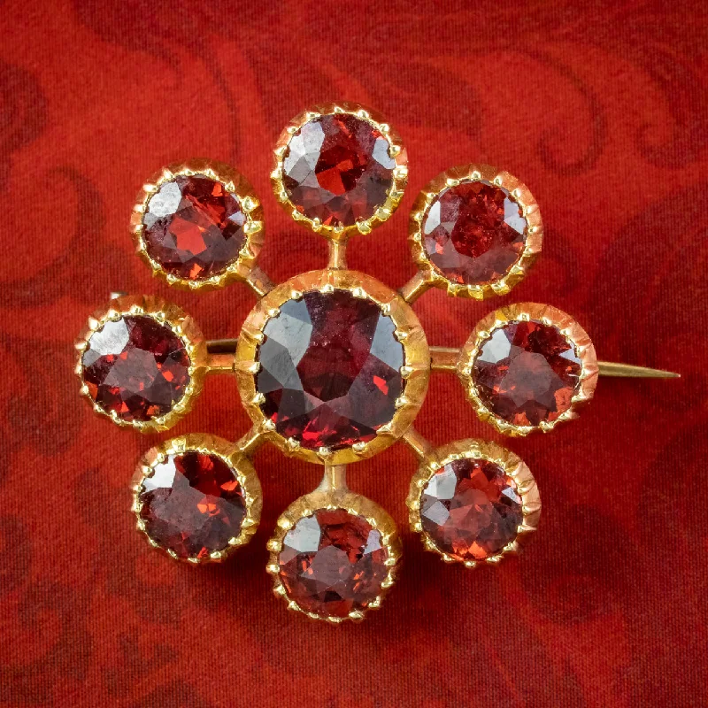 ladies gem brooch dream themes -Antique Victorian Garnet Flower Brooch 18ct Gold 6.8ct Total