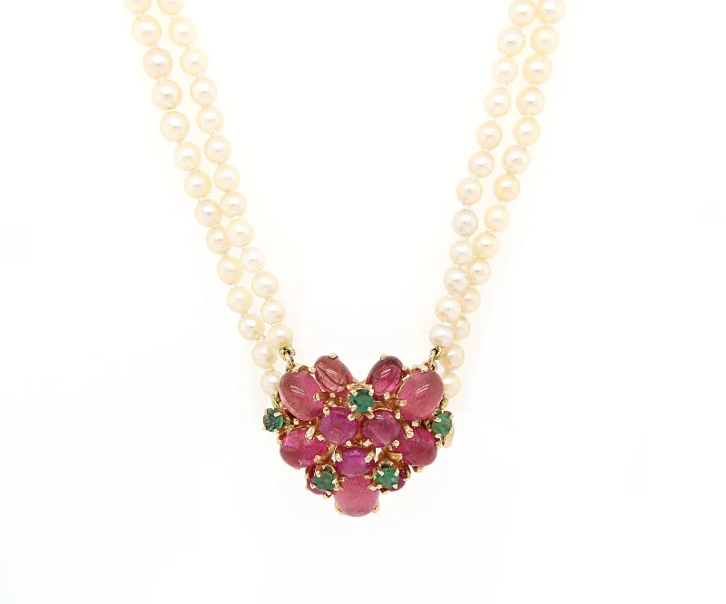 High gloss necklaces -Vintage Pink Tourmaline Emerald and Graduated Pearl Strand Necklace in 14K