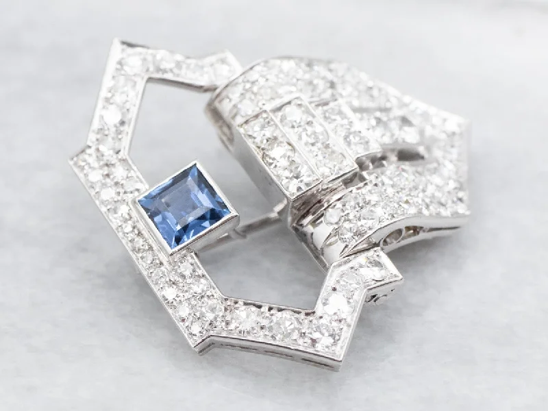 gold leaf design brooch for women -Square Cut Sapphire and Diamond Brooch