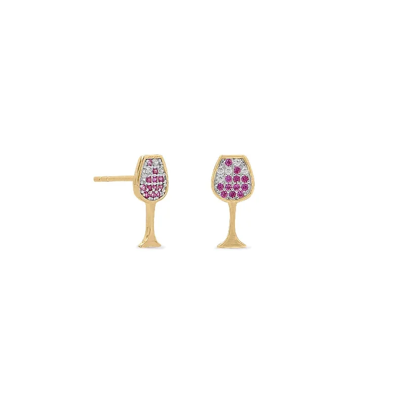 rose gold earrings for women with gems -14 Karat Gold Plated Sterling Silver CZ Red Wine Glass Stud Earrings