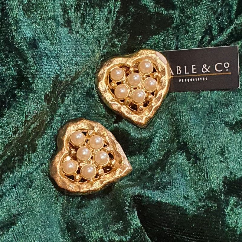 floral cutout earrings for women -Vintage Gold Plated Heart Clip on Earrings with Pearl Stones