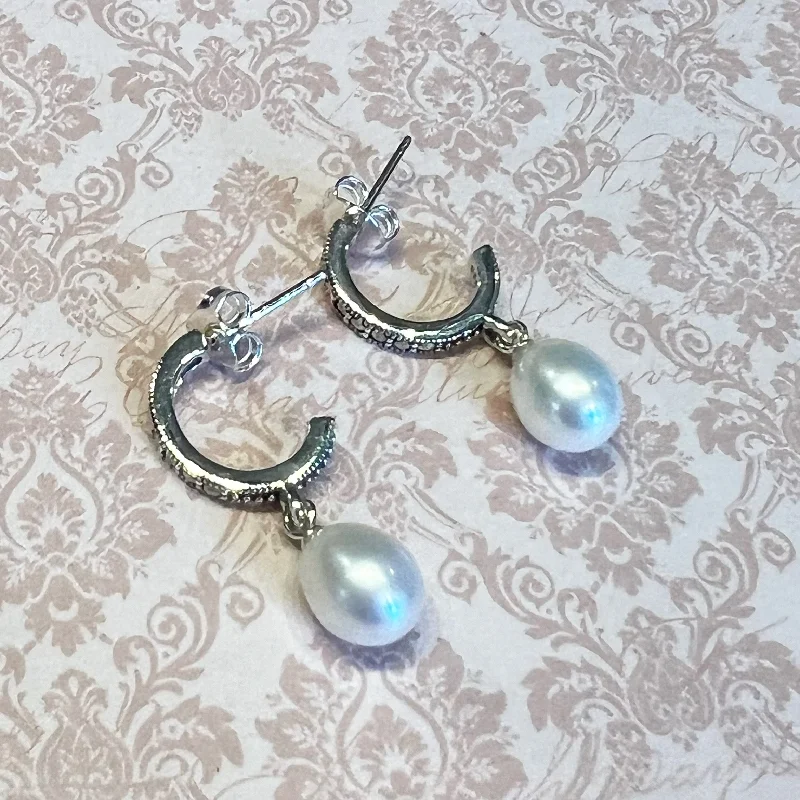 ladies silver earrings coral stones -Art Deco Hoop Earrings Freshwater Pearl Vintage Bride Wedding Silver Marcasite