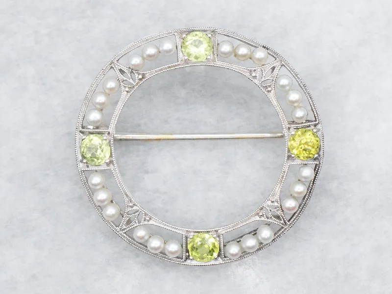 ladies silver brooch rose quartz -Peridot and Seed Pearl Round Brooch