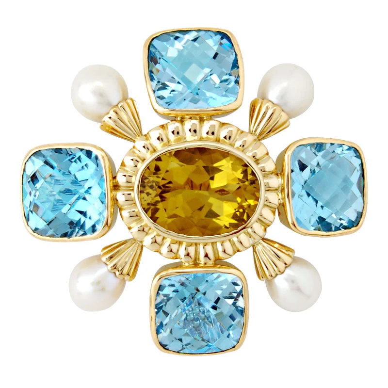 ladies silver brooch tourmaline stones -Brooch-Lemon Quartz, Blue Topaz and Pearl