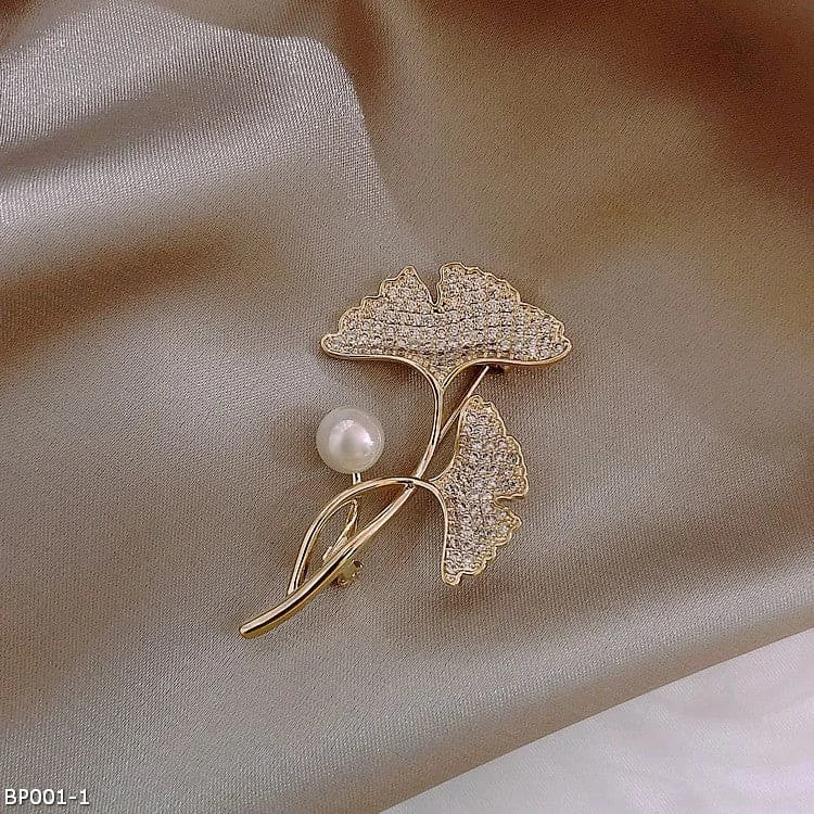 gold starburst brooch for women -Ginkgo leaf pearl brooch