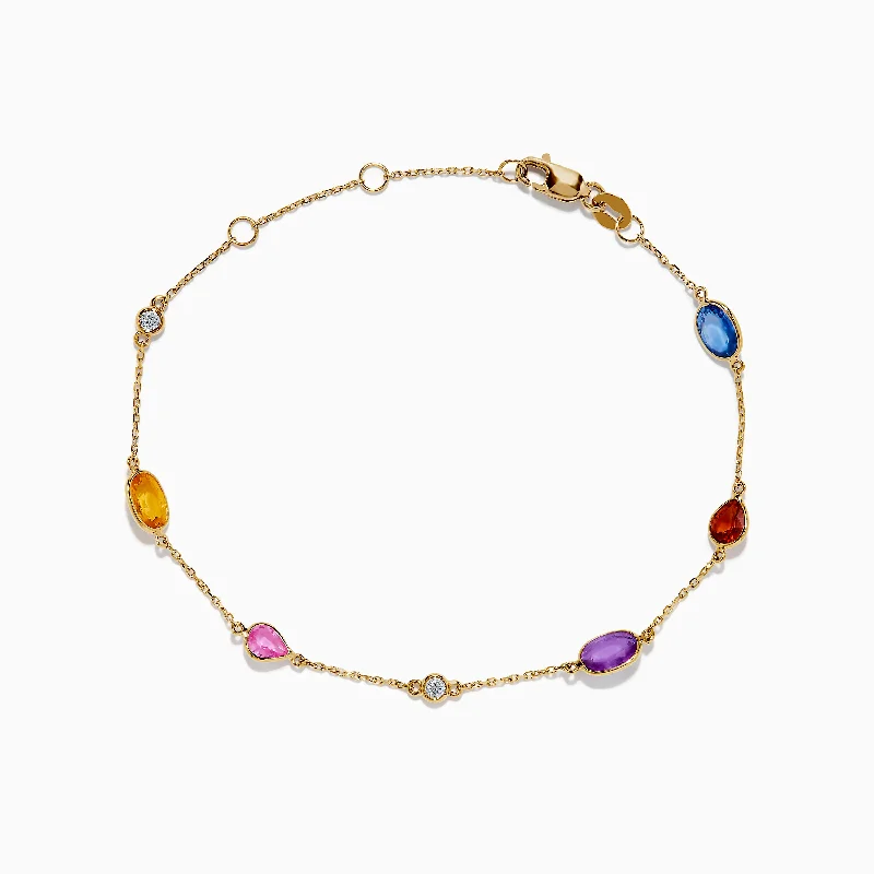 Ladies enamel flair bracelets -14K Yellow Gold Multi Color Sapphire and Diamond Station Bracelet