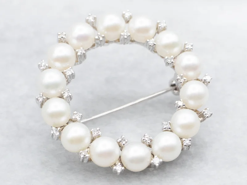 double gem brooch for women -White Gold Saltwater Pearls and Diamond Circle Brooch