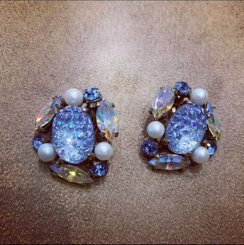 bohemian style earrings for women -Vintage Schiaparelli icy blue clip on earrings