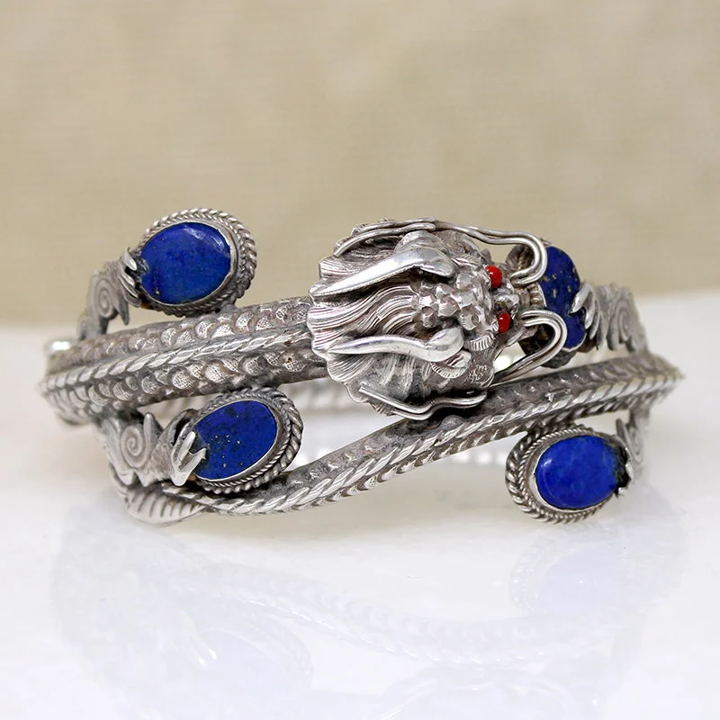 Ladies resin glow bracelets -Sinuous Sterling Chinese Dragon Bangle with Lapis & Coral