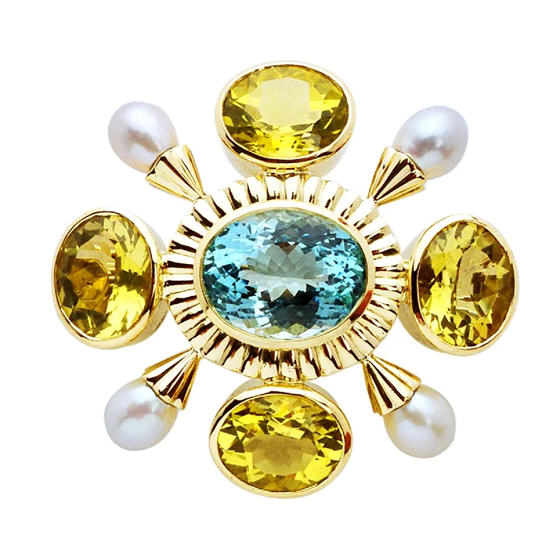 wave texture brooch for women -Brooch- Aquamarine, Pearl And Lemon Quartz