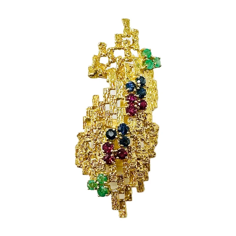 ladies silver brooch aquamarine stones -18K Gold Convex Abstract Brooch with Sapphire, Rubies and Emeralds