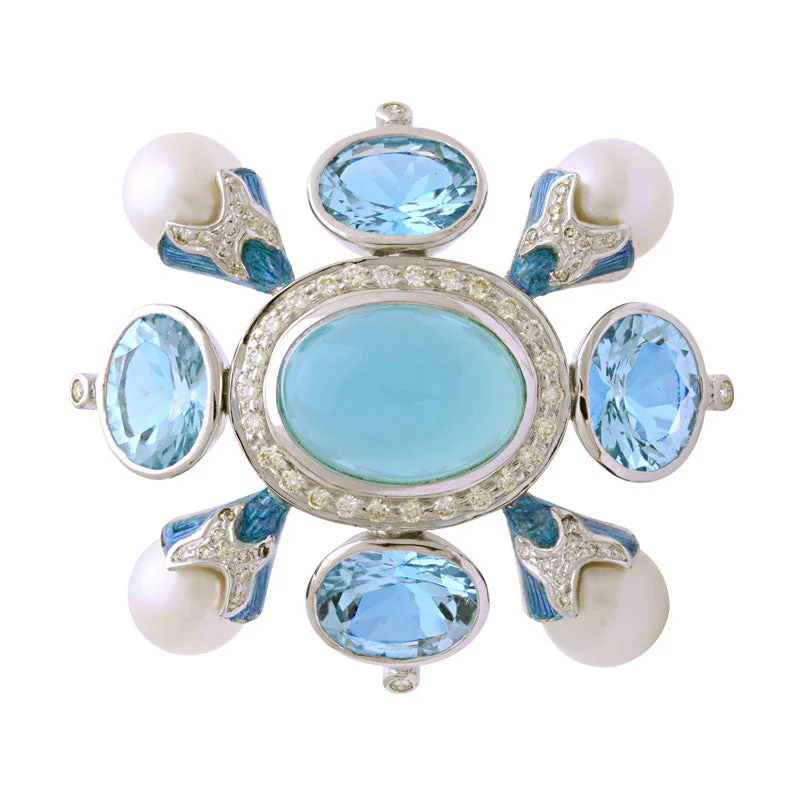 ladies rose gold brooch flowers -Brooch-Chalcedony, B. Topaz, South Sea Pearl and Diamond (Enamel)