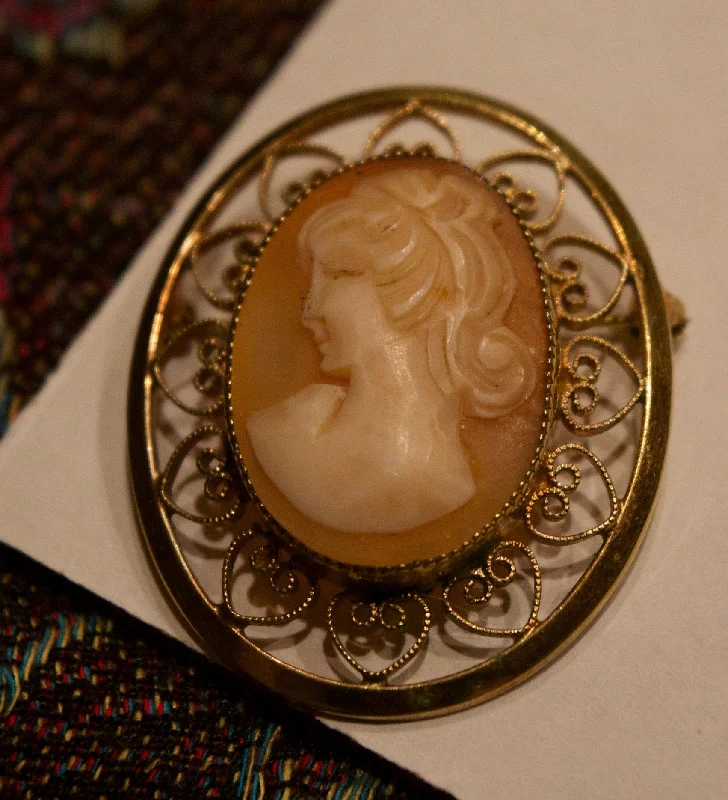 crisscross design brooch for women -Catamore - 12k Gold Filled Filligree Shell Cameo Brooch