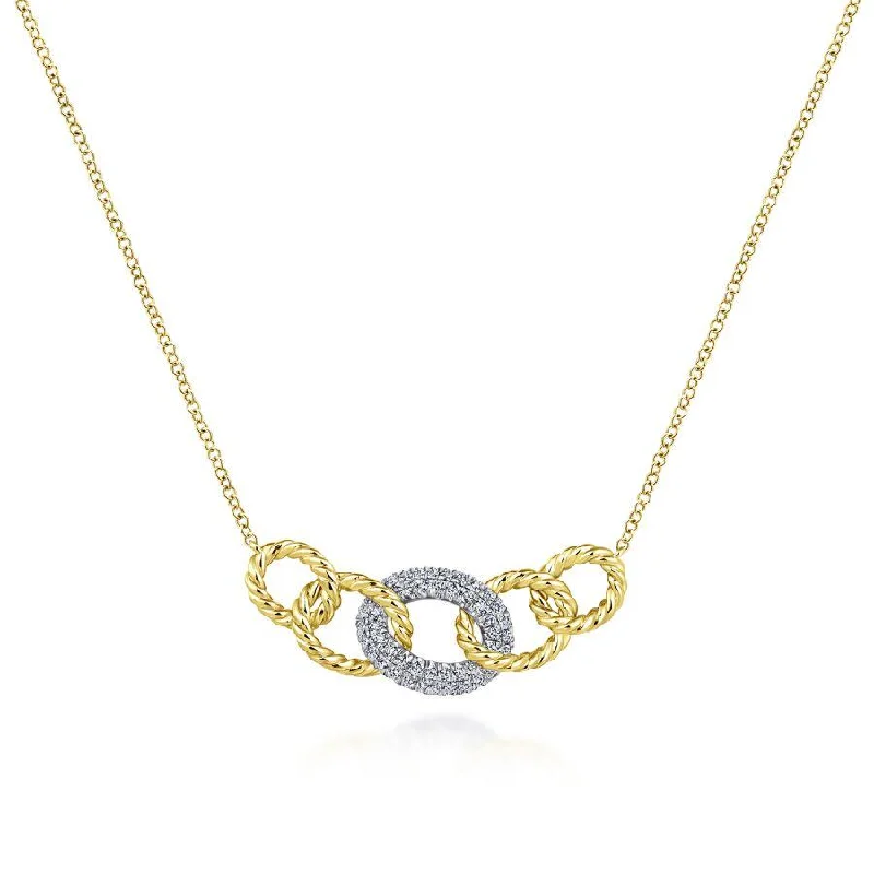 Coin charm necklaces -Gabriel & Co. - NK5847M45JJ - 14K Yellow-White Gold Twisted Rope Link Necklace with Pav‚ Diamond Link Station