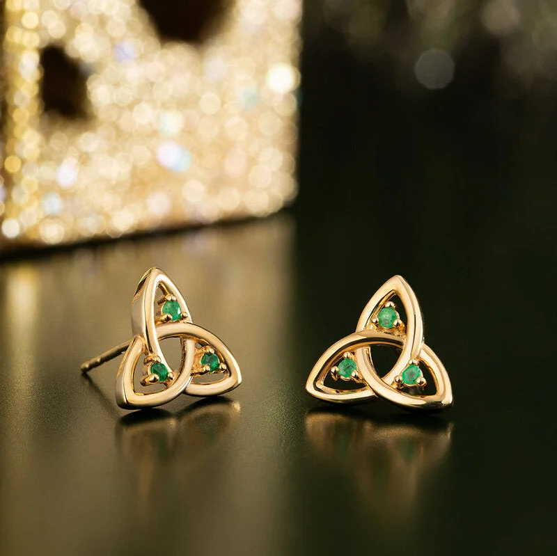 rose gold initial earrings for women -14K Gold Emerald Trinity Knot Stud Earrings