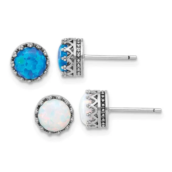 ladies silver earrings sapphire stones -Sterling Silver 7mm Blue and White Opal Earrings Set