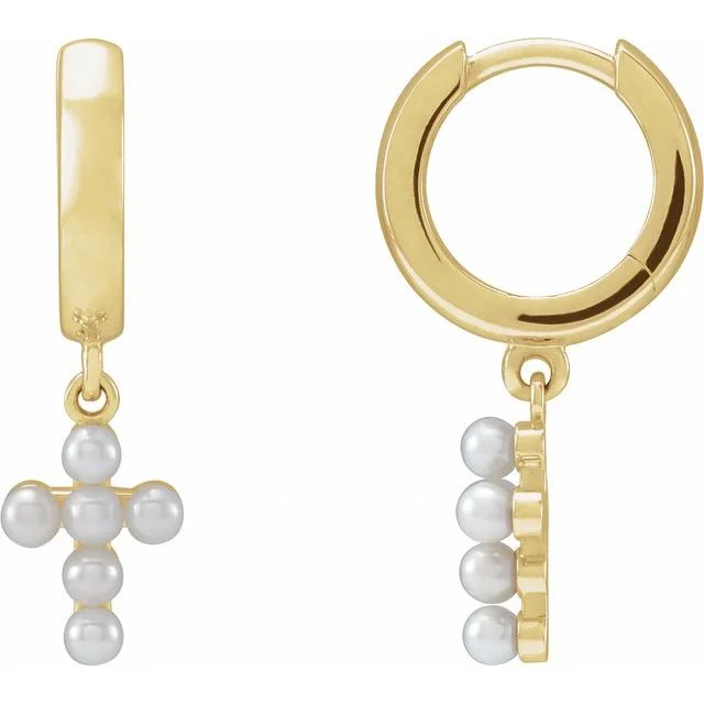 ladies white gold earrings beads -14K Yellow or White Gold Cultured White Seed Pearl Cross Hoop Earrings