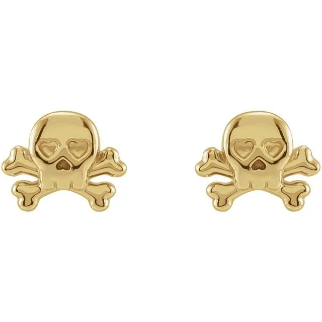 ribbon design earrings for women -14K Yellow Gold Petite Skull & Crossbones Earrings