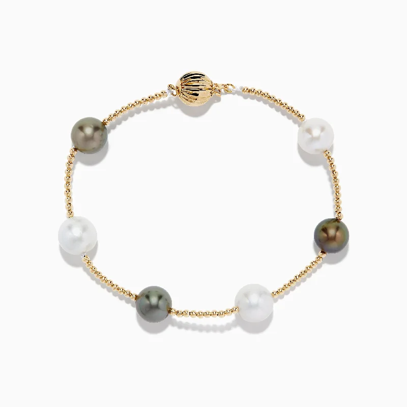 Ladies galaxy flair bracelets -14K Yellow Gold Tahitian and Fresh Water Pearl Station Bracelet 9.0 mm