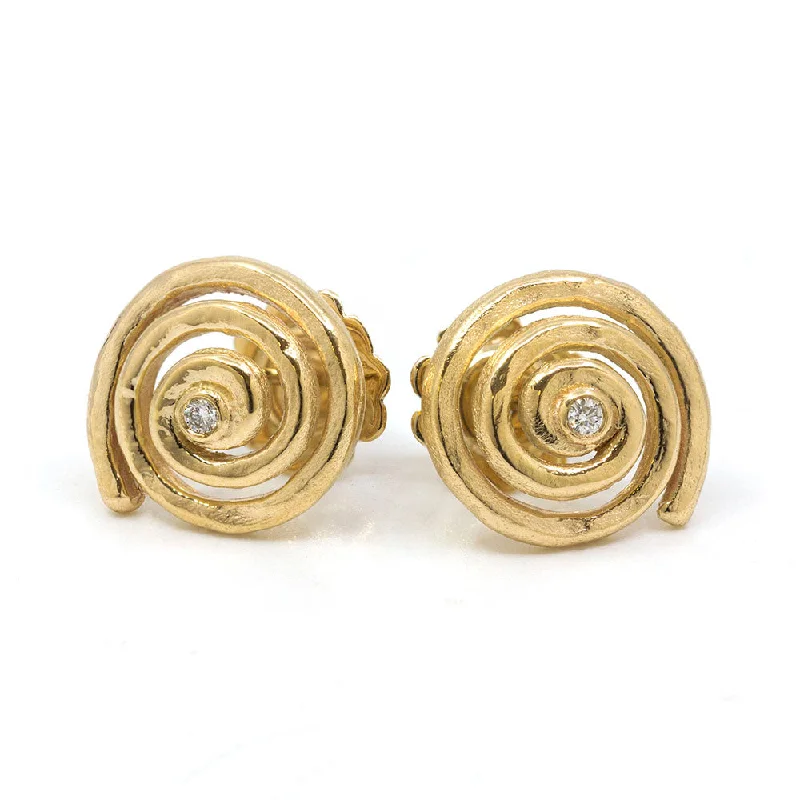 knot design earrings for women -Spiral Hammered Gold Earring with Diamonds