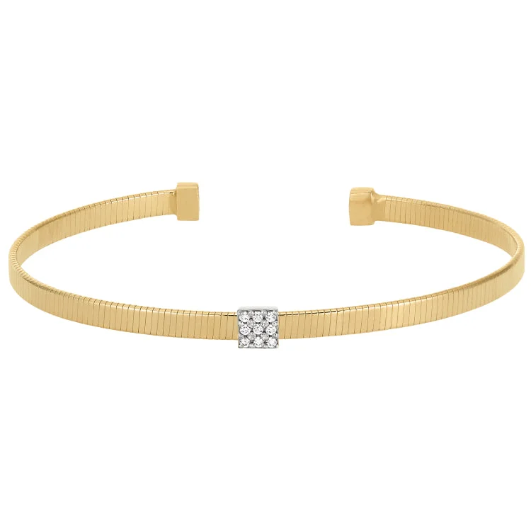 Ladies oval gleam bracelets -Gold Finish Sterling Silver Single Cuff Bracelet with Rhodium Finish Simulated Diamond Square