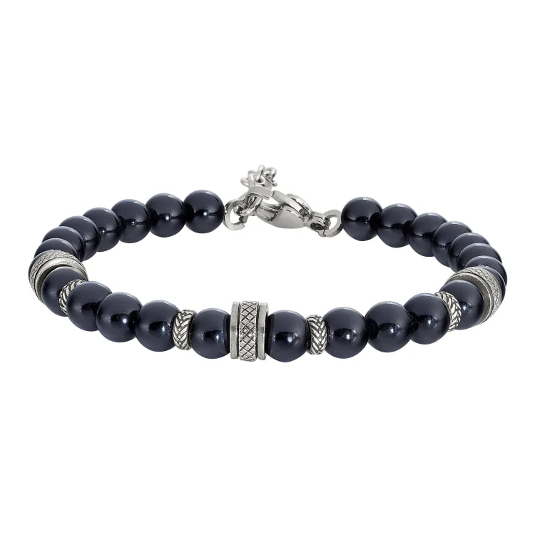 Ladies robust flair bracelets -Black Beaded Stone Bracelet With 3 Stainless Steel Spirals