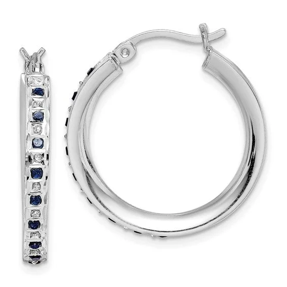 ladies earrings star accents -Sterling Silver Diamond & Blue Sapphire Round Hoop Earrings