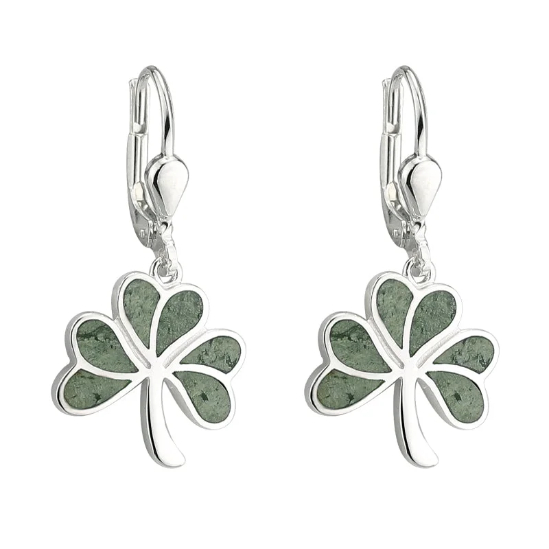 ladies silver earrings sodalite stones -Connemara Marble Shamrock Drop Earrings