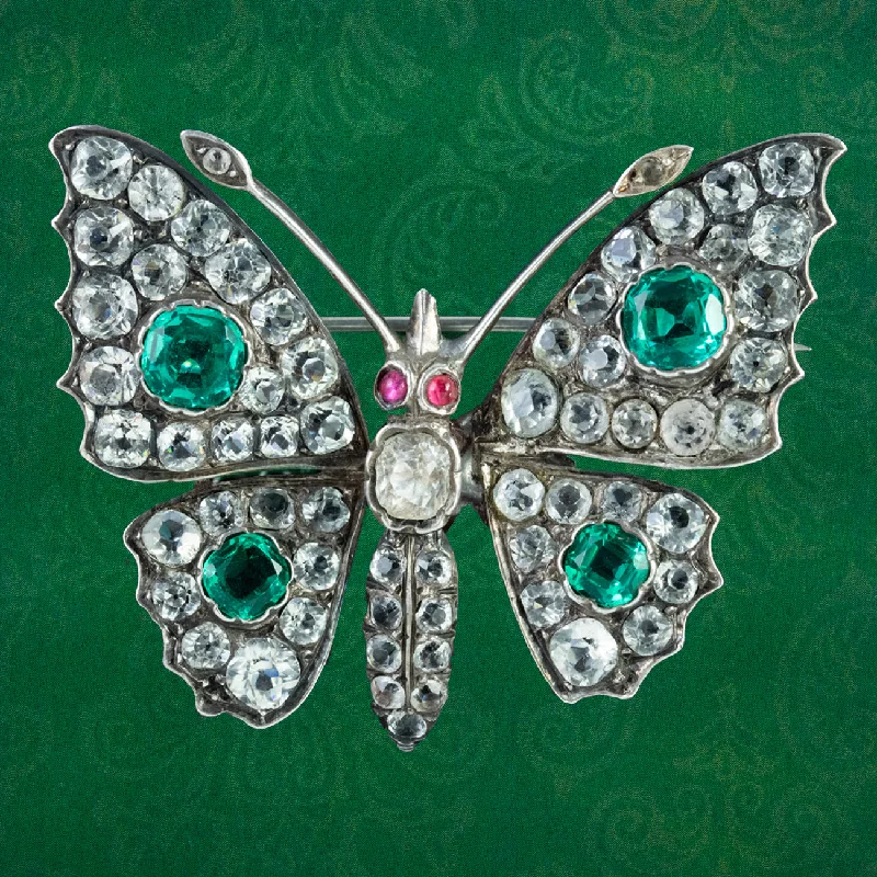 elegant brooch for women gifts -Antique Victorian Paste Stone Butterfly Brooch Silver