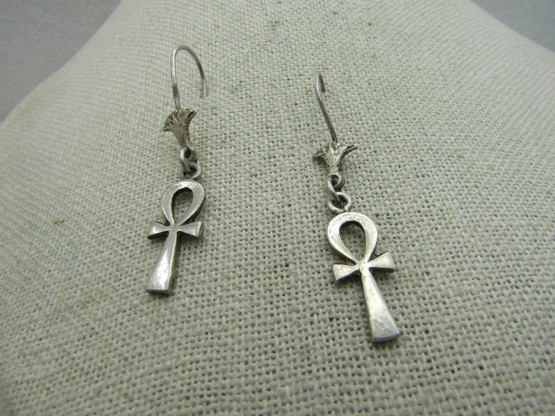 double drop earrings for women -Vintage Sterling Silver Ankh Earrings, Pierced, 2"