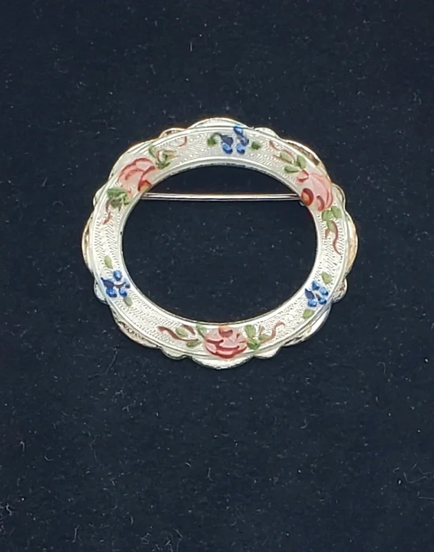 chain detail brooch for women -Lamode - Vintage Sterling Silver Floral Hand Painted Guilloche Enamel Hoop Brooch