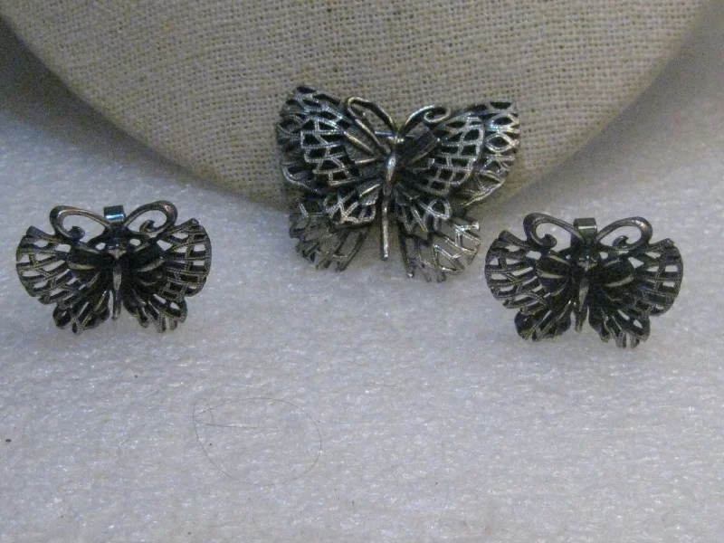 abstract shape earrings for women -Vintage Butterfly Brooch & Clip Earring Set, Pewter-Like, 1960's/1970's