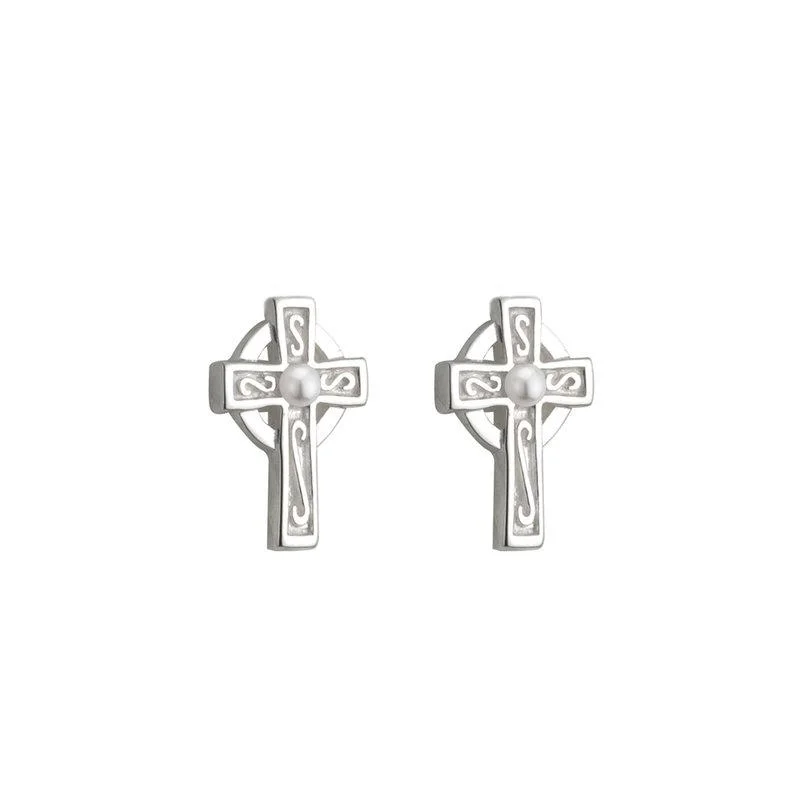 beaded drop earrings for women -Communion Pearl Cross Earrings