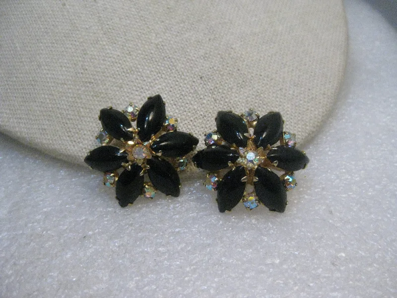 ladies gem earrings boho style -Vintage Black Rhinestone Clip Earrings, Black/Clear, Gold Tone, 1.25", 1960's