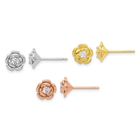 abstract shape earrings for women -Sterling Silver Rose Gold and Yellow Gold CZ Rose 3 Pair Earrings Set